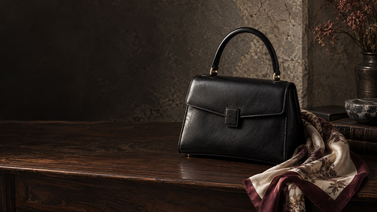 Vintage handbag and silk scarf in an editorial still life
